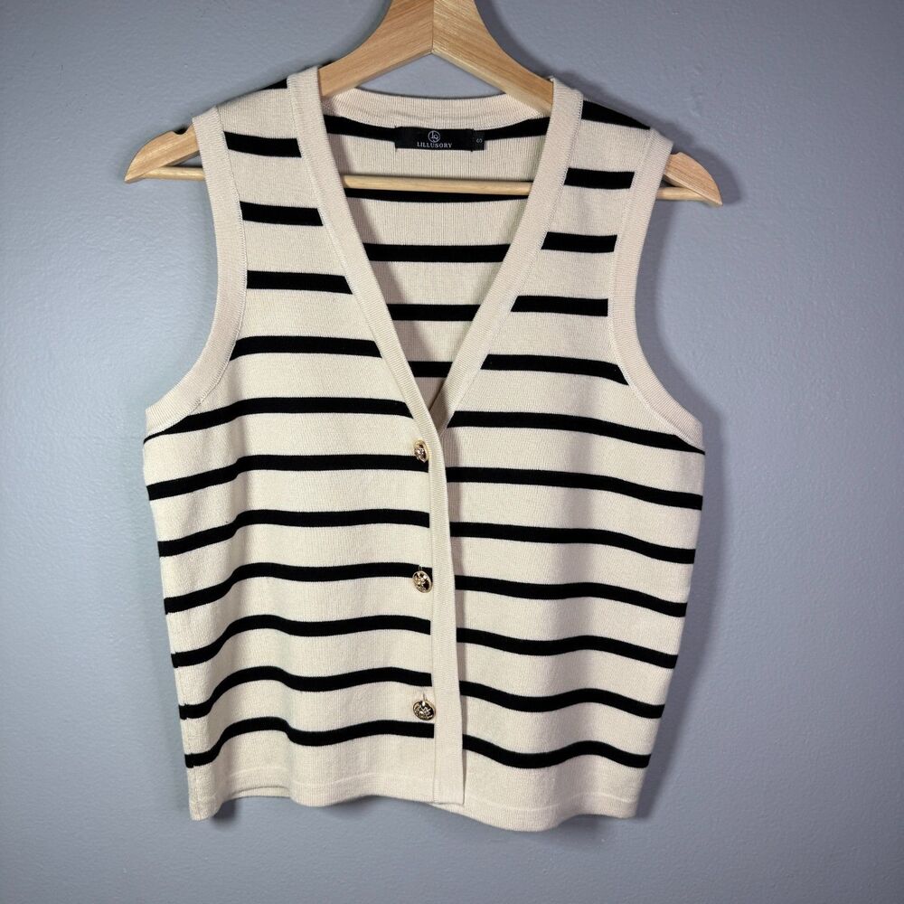 Lillusory Women's Striped Knit Sweater Vest Size S Cream Black Gold Buttons